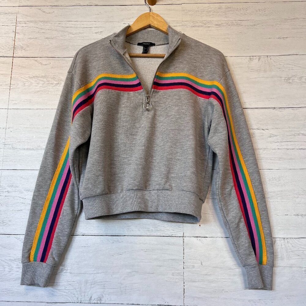 Forever 21 Sweatshirt Womens SZ Medium Gray Cropped 1/2 Zip with Rainbow Preppy